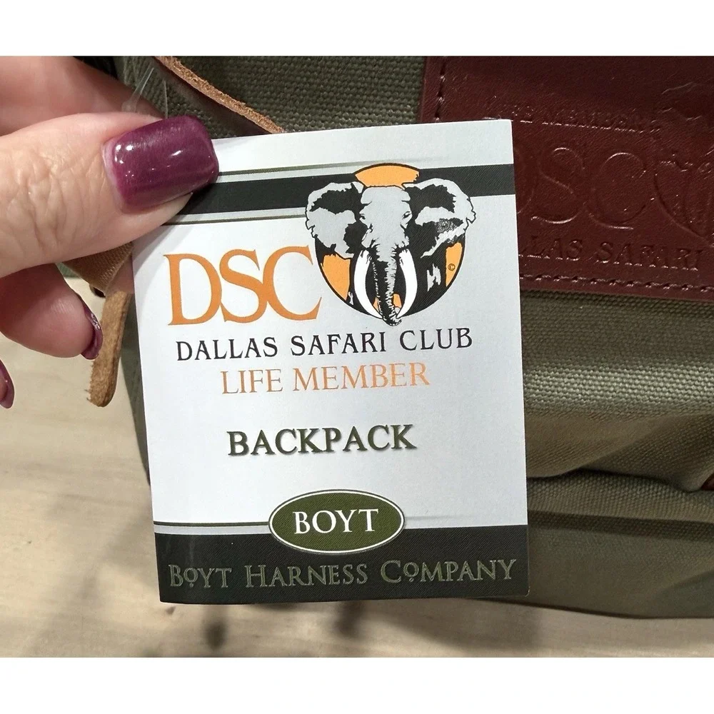 Dallas Safari Club Life Member Large Olive Green Canvas Backpack Leather Accents